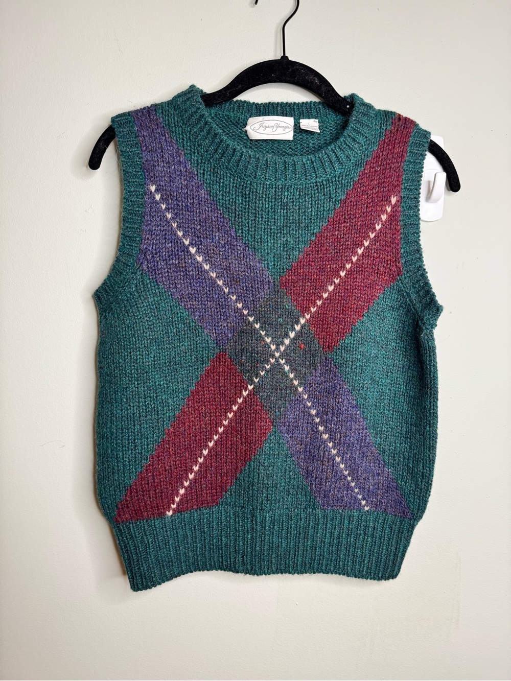 Jayson Younger Vintage Men’s Green  100% Wool Argyle Knit Sweater Vest - Size L